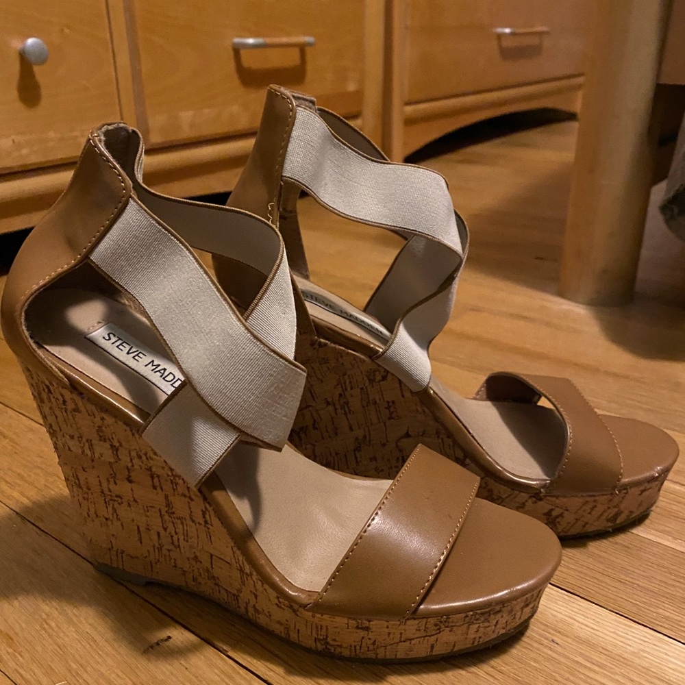 Steve Madden Tan Cork Wedge Sandals with Cream Elastic Straps
